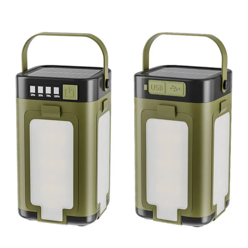 Solar camping light with four-leaf folding belt, press switch, 12 x 7 x 7 cm size and built-in 2000 mAh 18650 battery