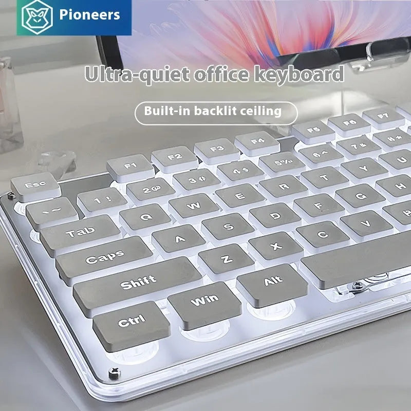 Wired mute computer keyboard with mechanical feel in Metal Black colour with blue backlighting on a desk.