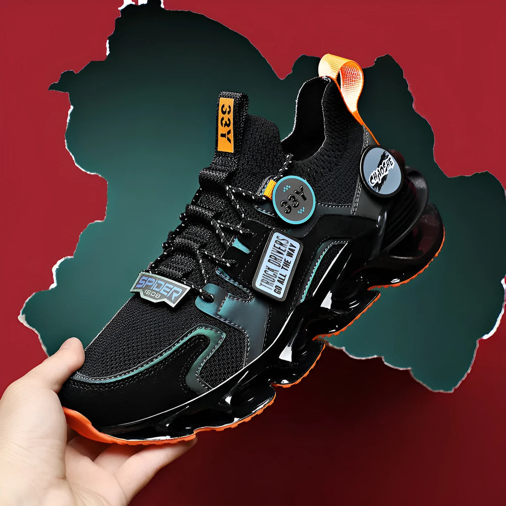 Men's hollow blade shock absorption sports shoes with breathable fabric upper in apricot colour