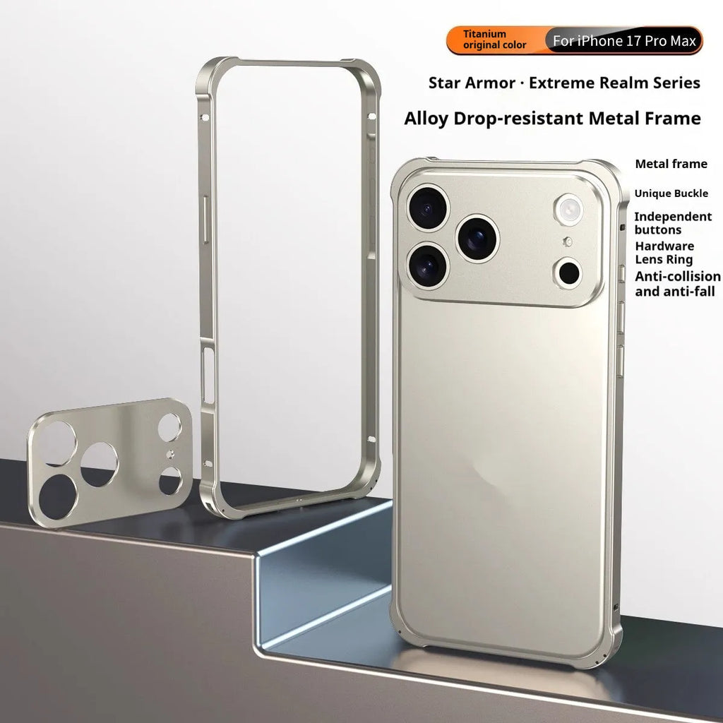 Metal alloy iPhone 17 case with seahorse buckle and reinforced corners in five colour options