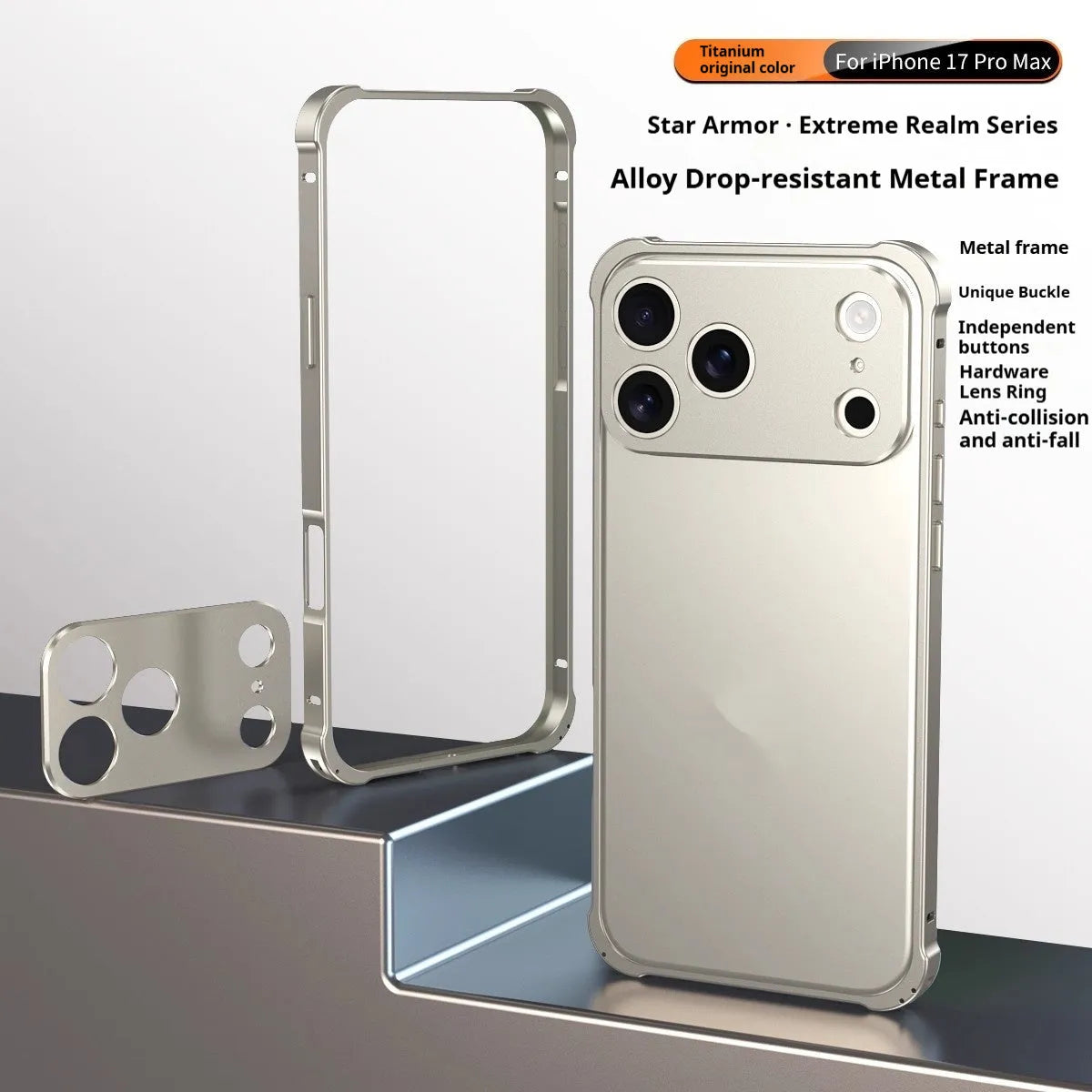 Metal alloy iPhone 17 case with seahorse buckle and reinforced corners in five colour options