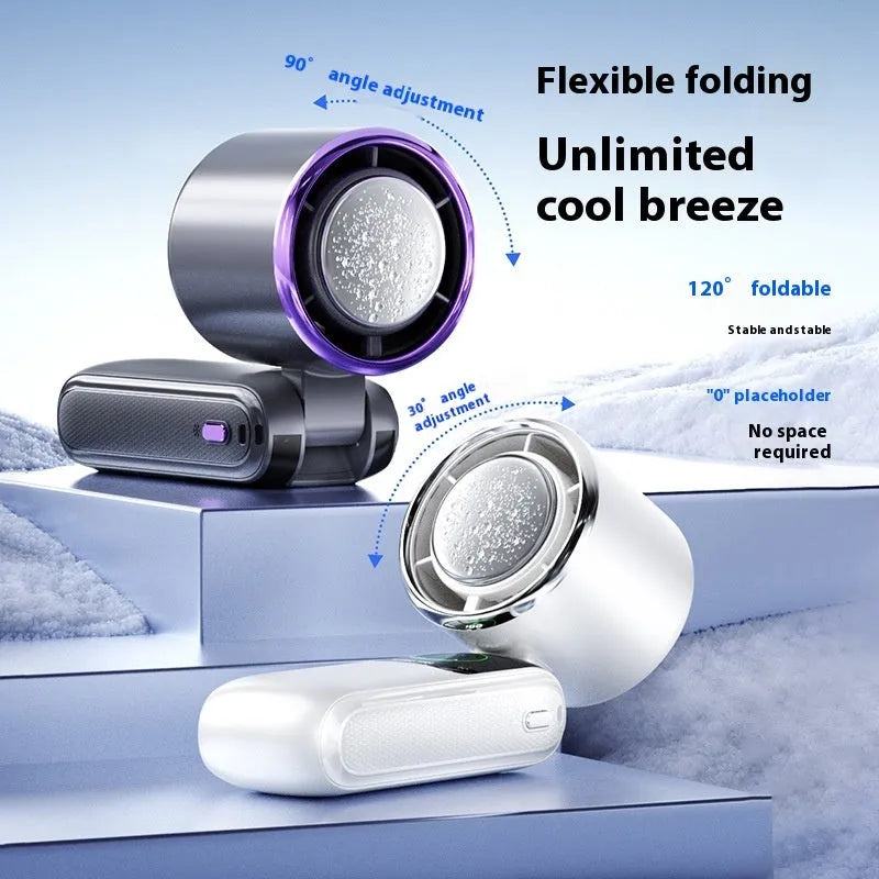 Blue foldable handheld mini fan with neck strap, showing USB port and speed buttons.