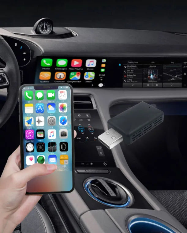 Black 2-in-1 wireless car adapter with aluminum alloy construction and USB connector