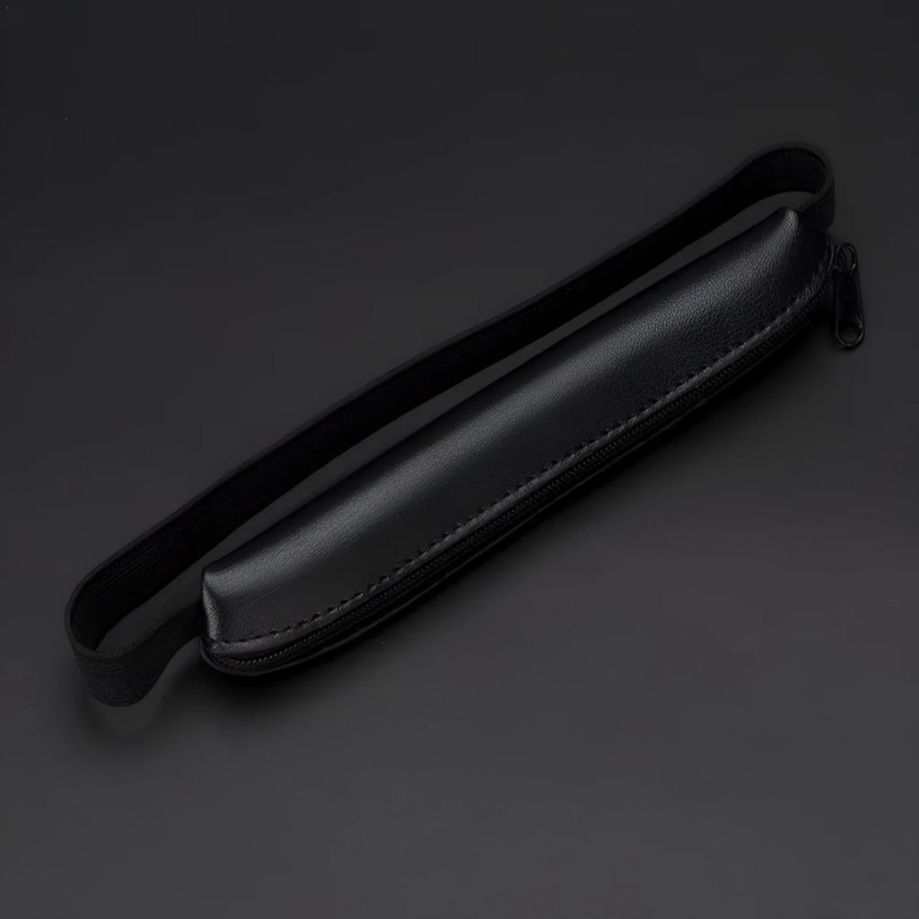 Long slim PU leather pencil case in beige grey, black, black crocodile pattern, and brown crocodile pattern.