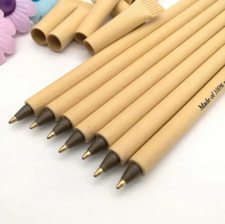 Kraft paper tube ballpoint pen with 1.0mm bullet nib, 15.5cm length.