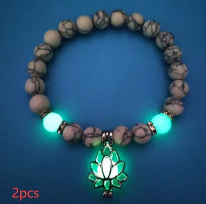 Luminous lotus charm bracelet with mesmerizing glow-in-the-dark beads, made of premium alloy and turquoise fluorescent stone