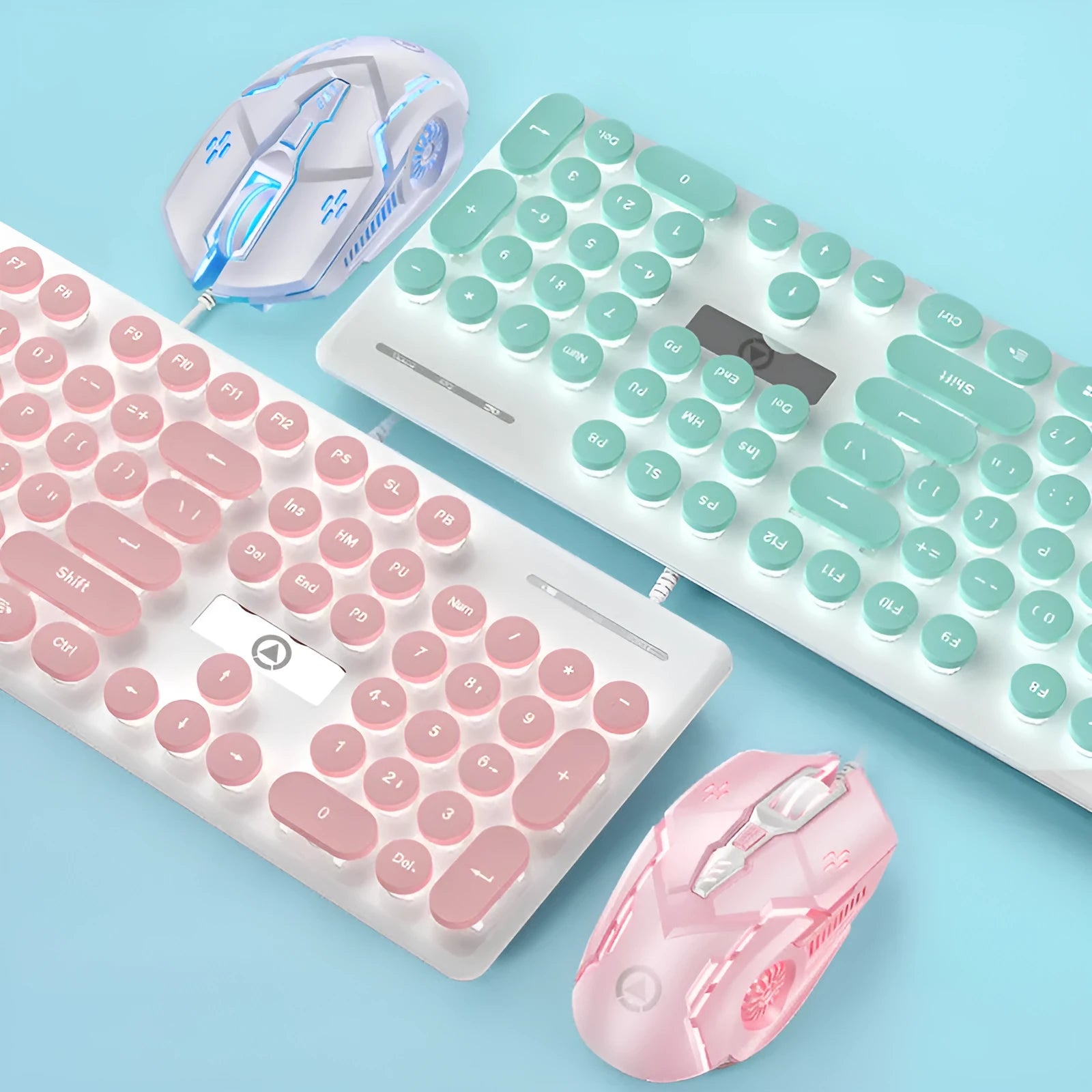 Punk style luminous keyboard in mint green with white backlit keys on a desk.