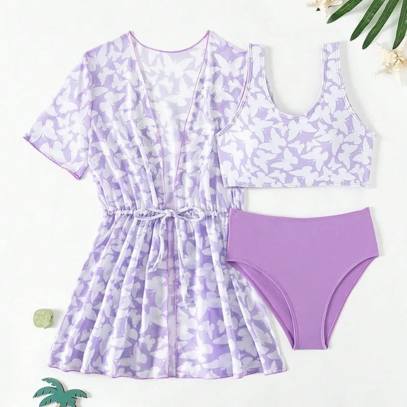 Three-piece polyester swimsuit set for girls aged 8-12 in colour 3218 with coat, vest, and pants