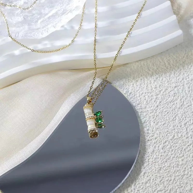Green bamboo pendant necklace for women with O-ring chain and electroplated zinc alloy finish