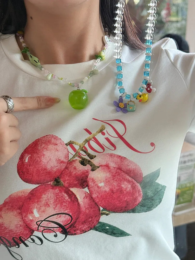 Colorful pendant beaded necklace with resin flowers and crystal on alloy chain in green apple green option