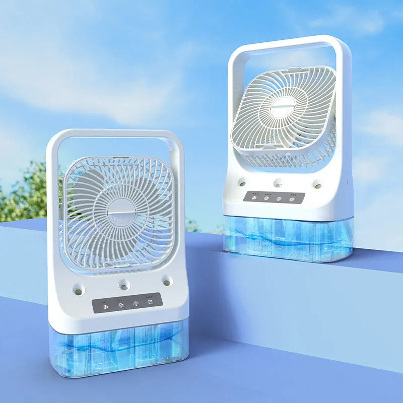 White USB rechargeable household cooling fan with adjustable head, water tank, and colourful night lights