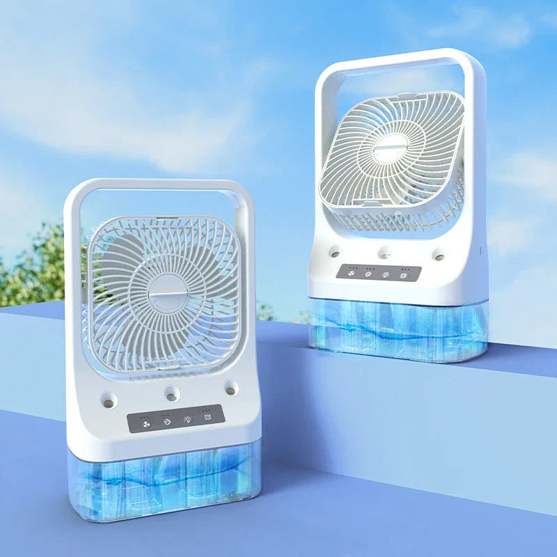 A white USB rechargeable cooling fan with a 270-degree adjustable head for customized airflow and atmosphere-enhancing colorful night lights.