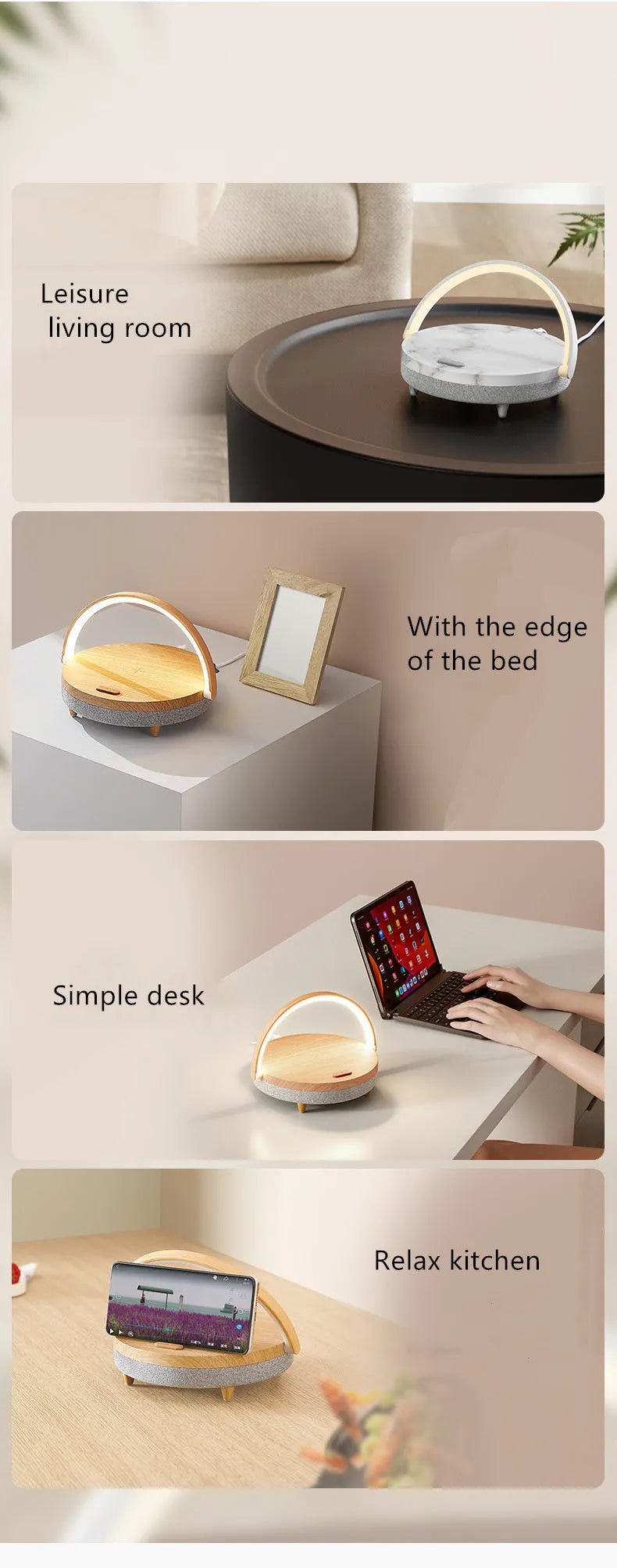 Multi-function wireless charging night light in marbling finish with touch switch and Bluetooth speaker