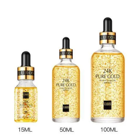 24K gold nicotinamide anti-aging facial essence in a glass bottle with three size options 15ml, 50ml, 100ml