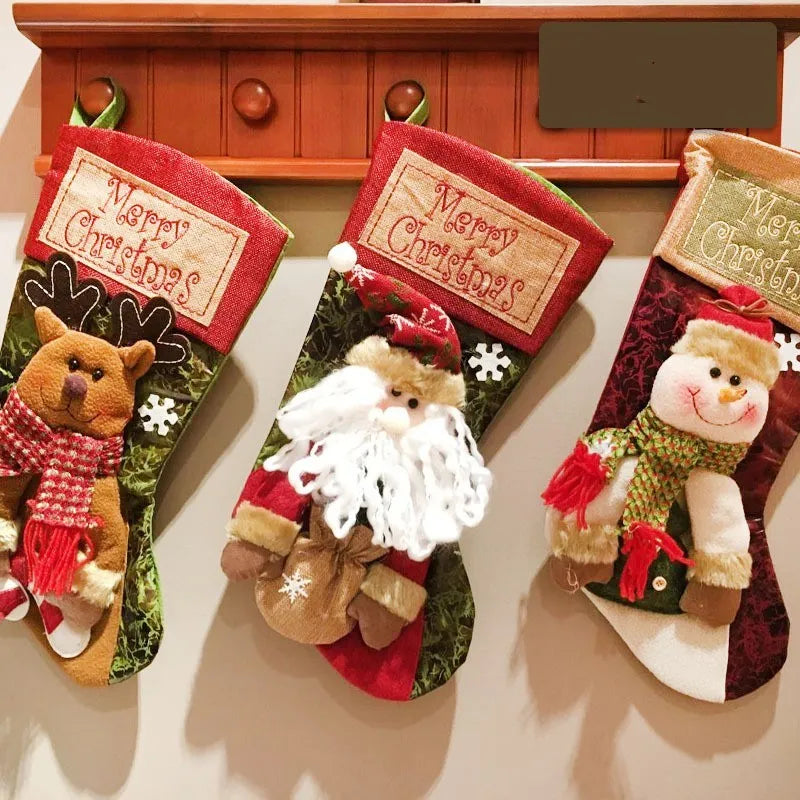 Christmas stocking with 3D Elk appliqué design in mixed colours, made from Burlap cloth with hanging loop
