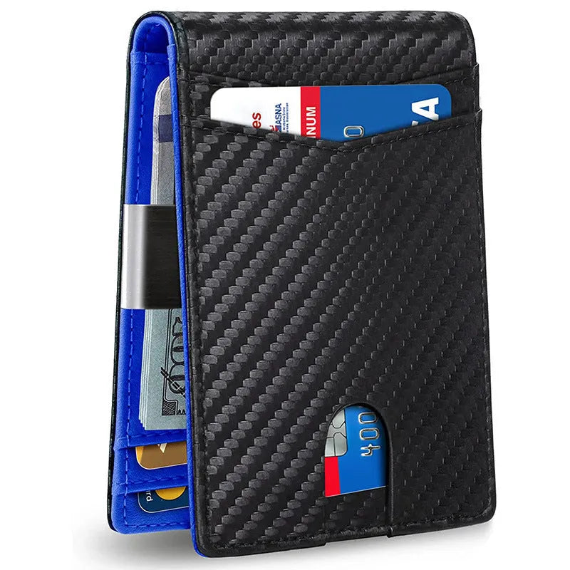 PU leather wallet card holder with multiple slots and anti-theft design in carbon fibre black colour