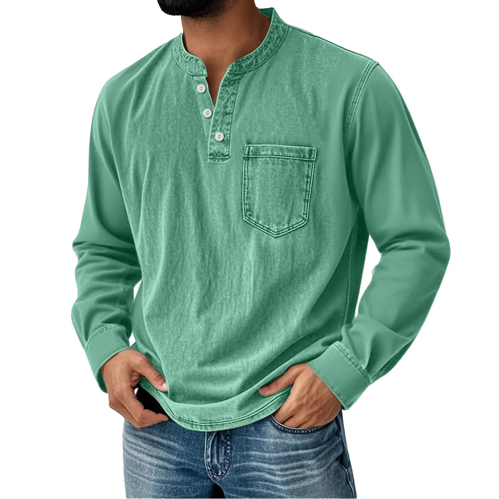 Printed three-button long-sleeve T-shirt for young men, slim fit, polyester, digital print