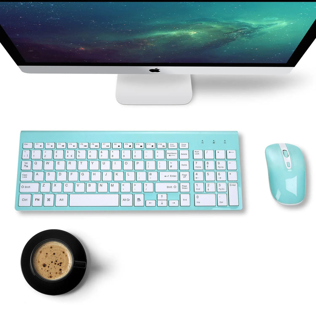 Fashion wireless keyboard and mouse set in blue, full-size with numeric keypad and 2.4G nano receiver