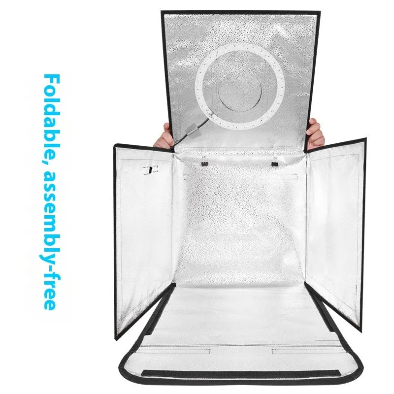 50cm metal frame photo light box with reflective cloth interior and LED lighting panel