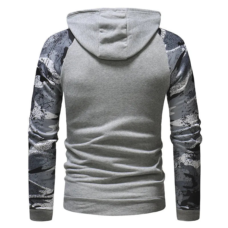 Men's long sleeve camouflage print hooded sweatshirt in black, light grey, or dark grey with raglan sleeves, sizes M to XXL