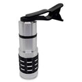 Silver telescopic telephoto lens with extended barrel next to a black universal clip for mounting on a mobile phone