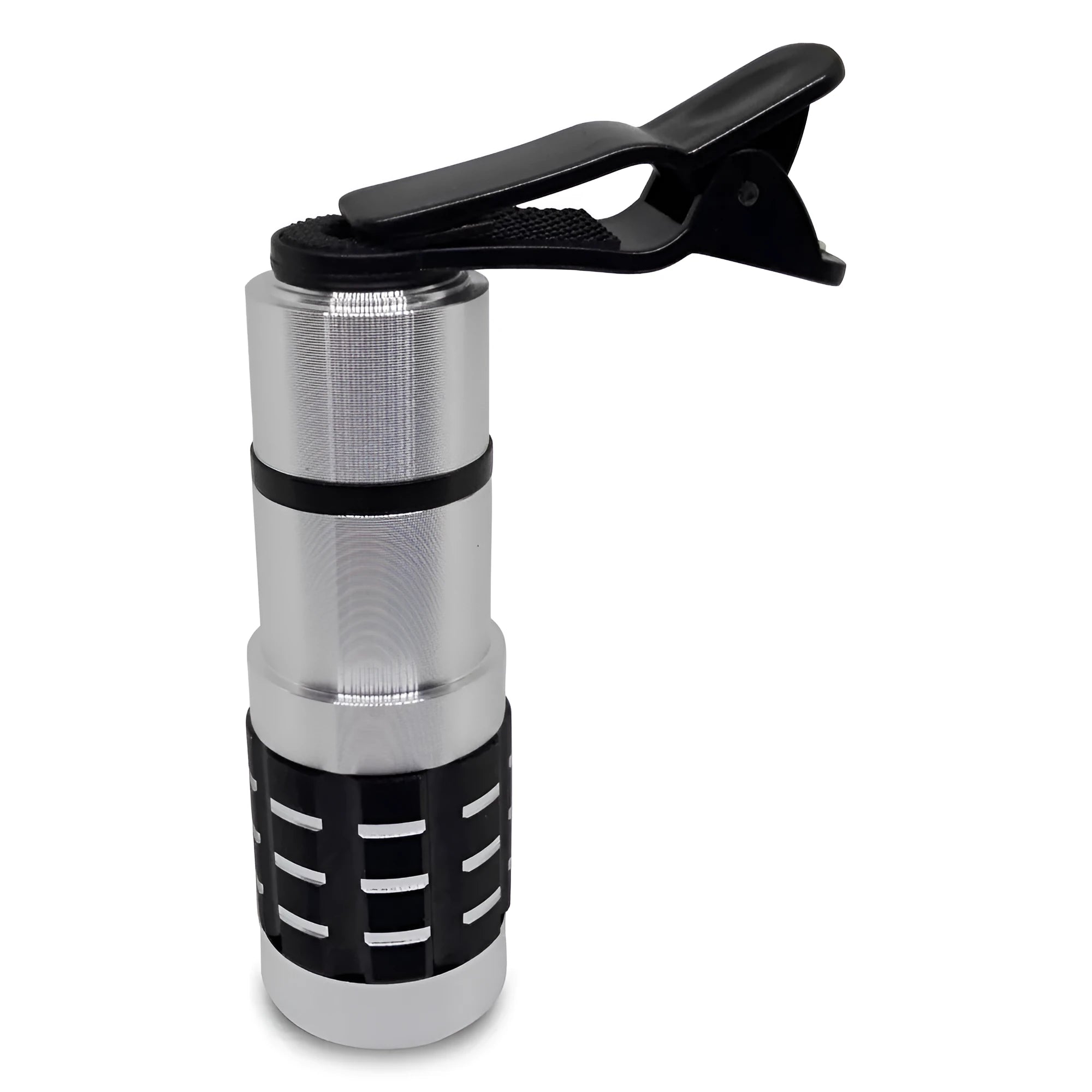 Silver telescopic telephoto lens with extended barrel next to a black universal clip for mounting on a mobile phone