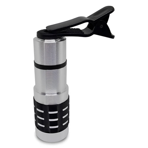 Silver telescopic telephoto lens with extended barrel next to a black universal clip for mounting on a mobile phone