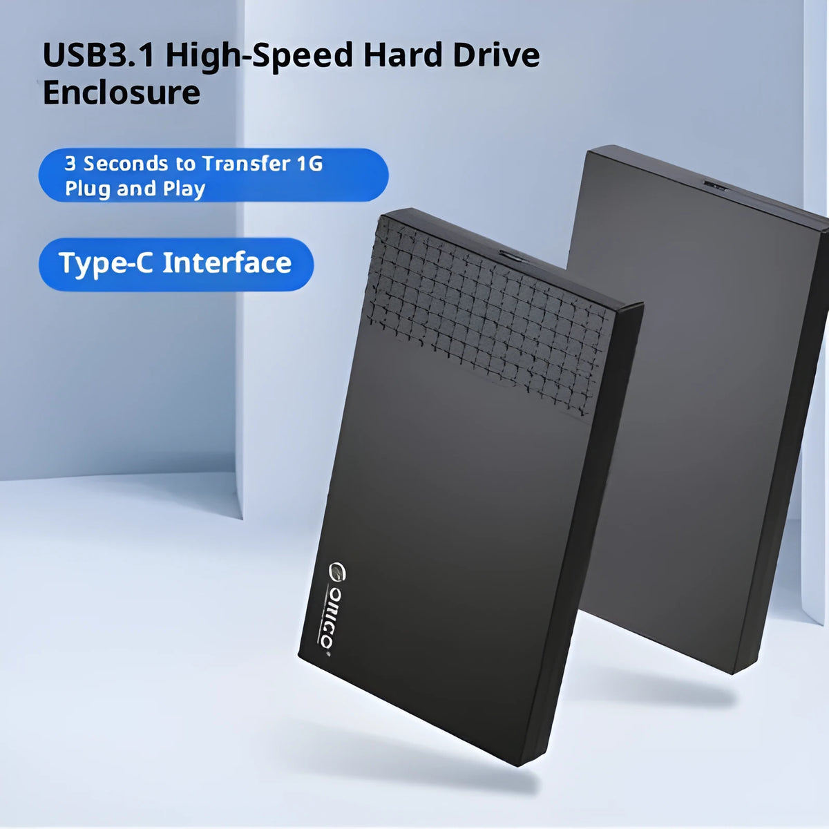 Black 2.5-inch Type-C USB 3.1 hard disk box in ABS plastic with cables