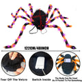 Halloween spider backpack with LED lights in plush sugar bag design, shown in multiple colour options.