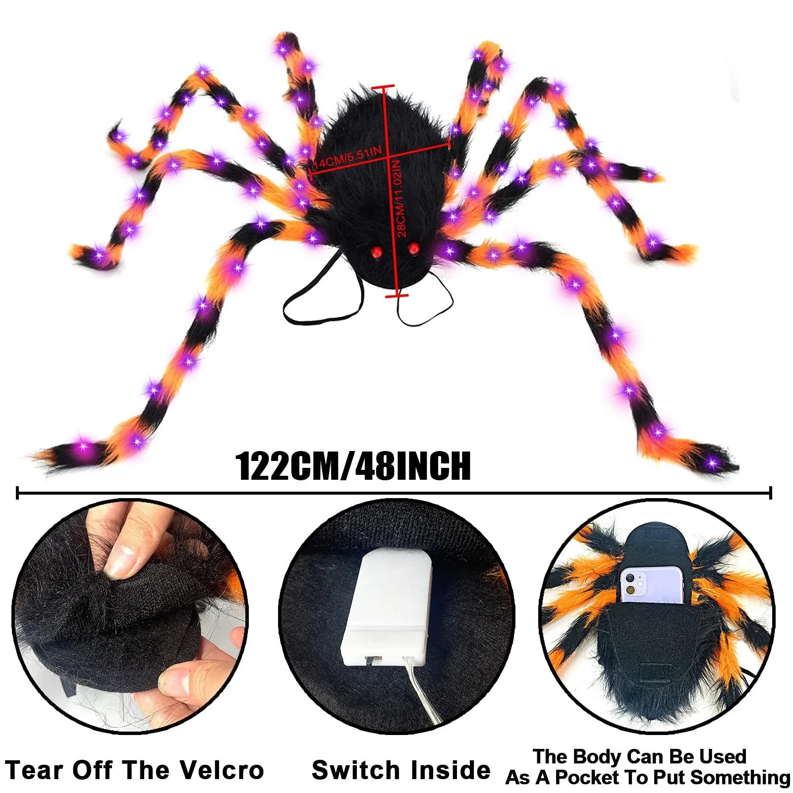 Halloween spider backpack with LED lights in plush sugar bag design, shown in multiple colour options.
