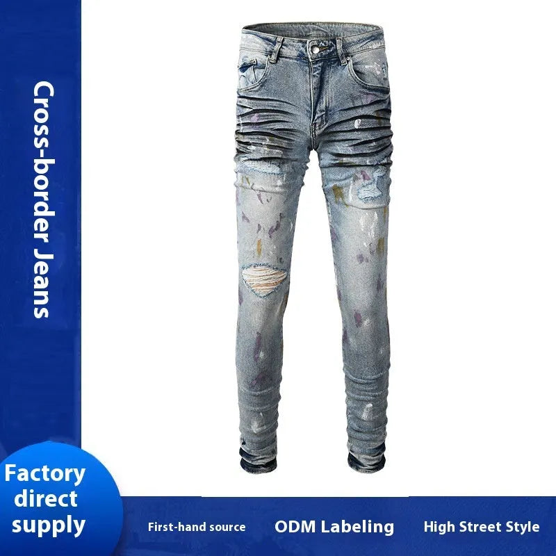 Men's slim fit ripped jeans in light blue with tapered cotton denim, zip fly and double layer belt waist
