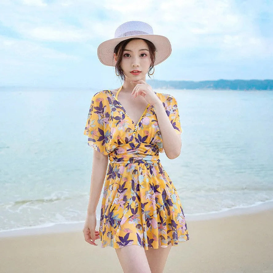 Yellow floral pattern women's one-piece swimsuit in polyester fabric