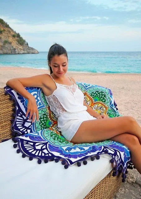 Round polygon printed tassel bath towel yoga mat in blue with 150cm diameter