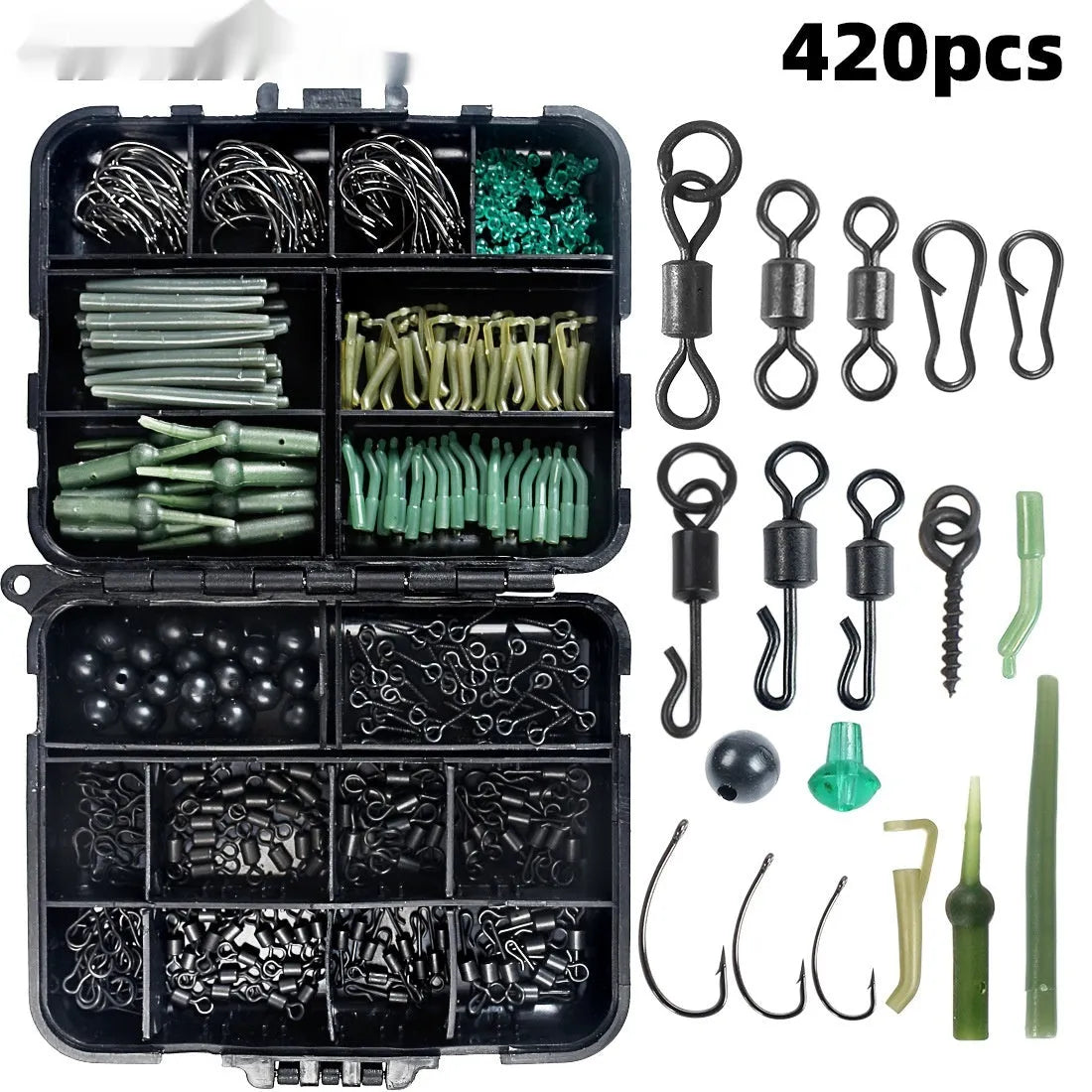 420-piece space beam fishing accessories set in a 12cm x 9.5cm x 3cm box with hooks, swivels, pins, and hoses