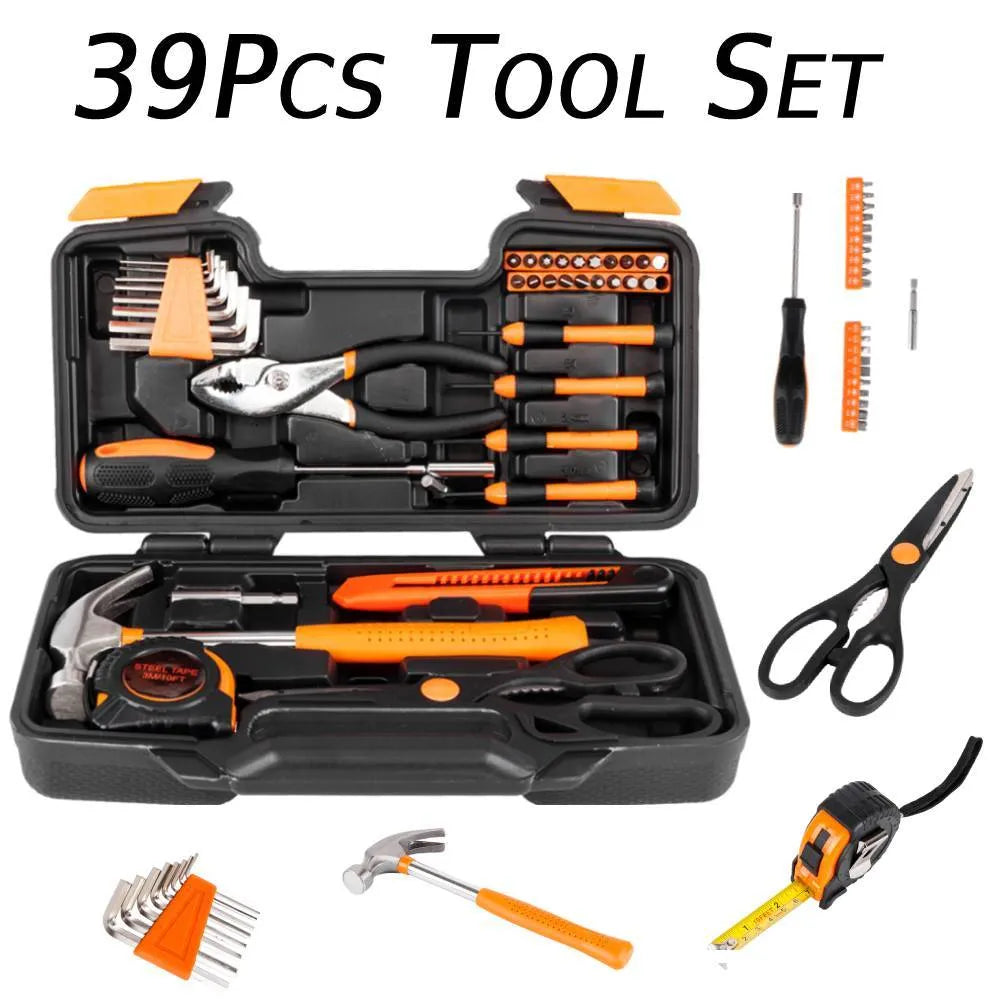 39 piece multipurpose hardware tool set in orange with steel tools laid out on a white background