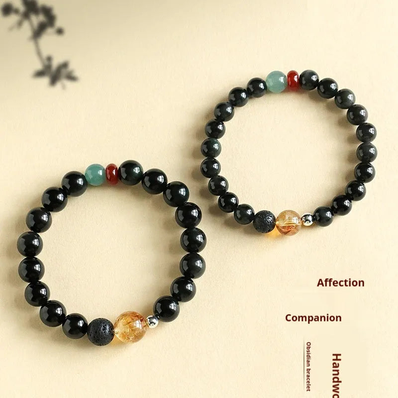 Chinese style obsidian yellow tower crystal agate jade bracelet in 8mm or 10mm bead sizes