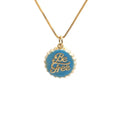 Copper bottle cap pendant necklace on a 40cm box chain with an 18K gold electroplated finish.
