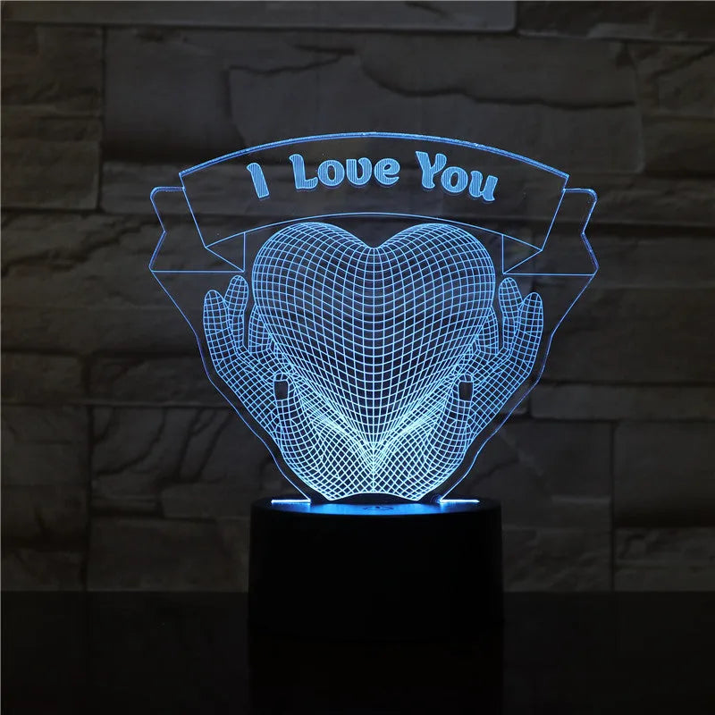 3D night light with hands holding love heart design, acrylic board, ABS base, seven colours