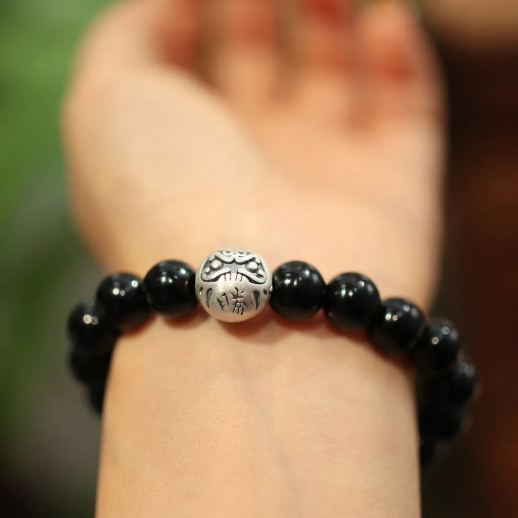 Natural black agate bracelet with sterling silver alloy clasp in Chinese style design