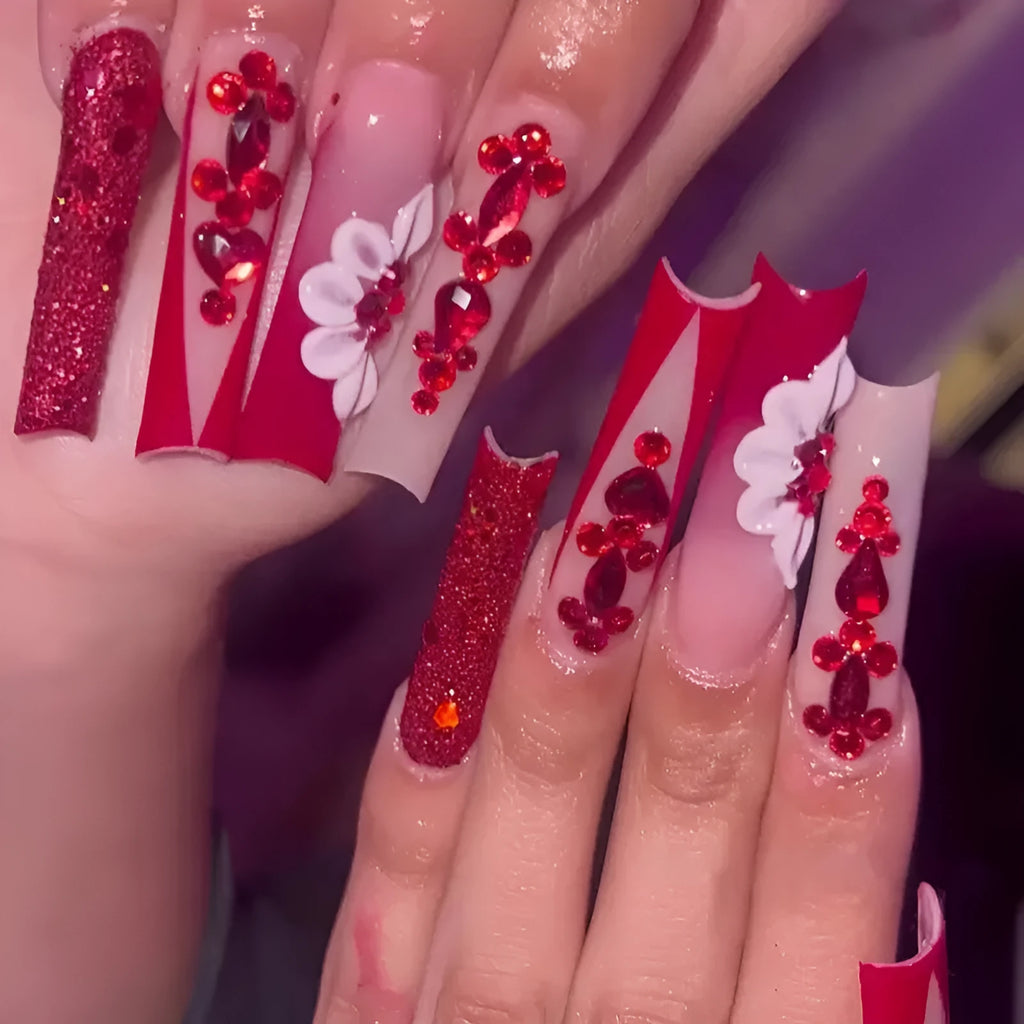 Sweet flowers pattern prismatic red diamond artificial nails in long European square style