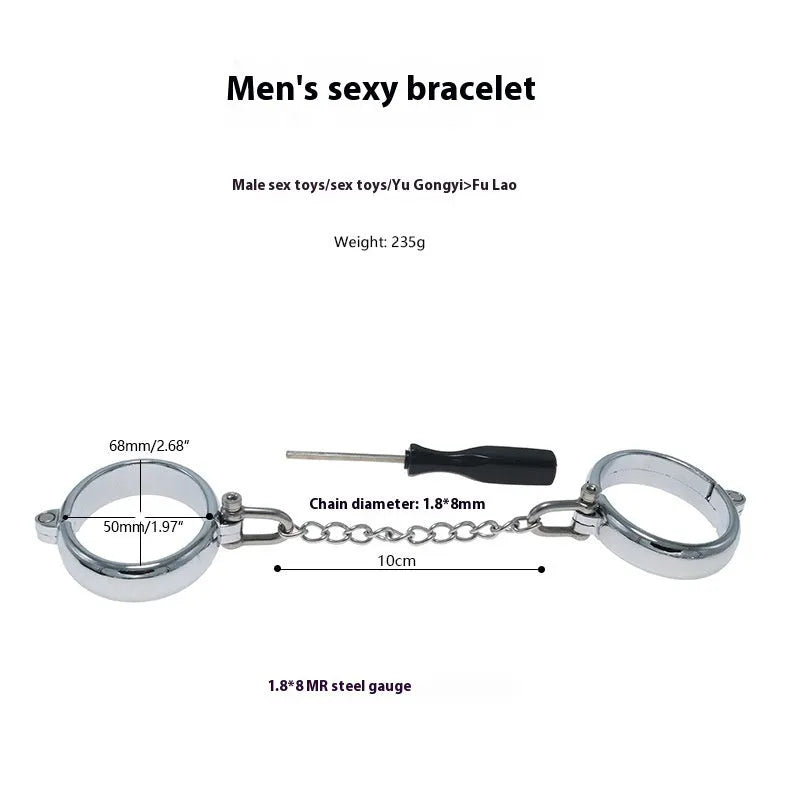 Silver zinc alloy handcuffs and footcuffs set with stainless steel bracelet attachments