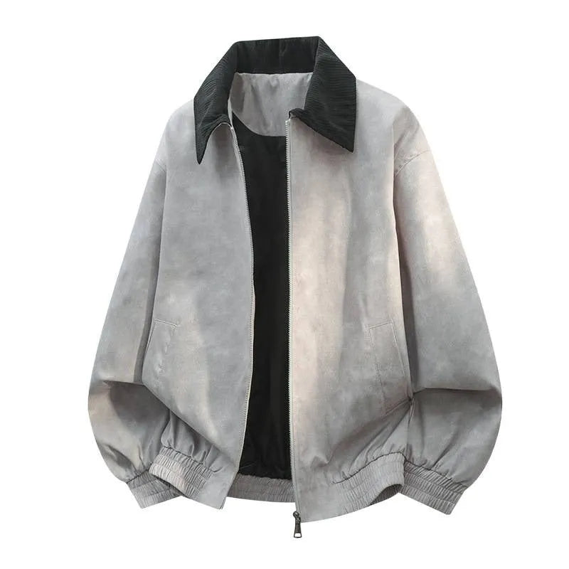 A man's casual jacket with a detailed stitching lapel collar in a choice of colours including black, brown, and pink.