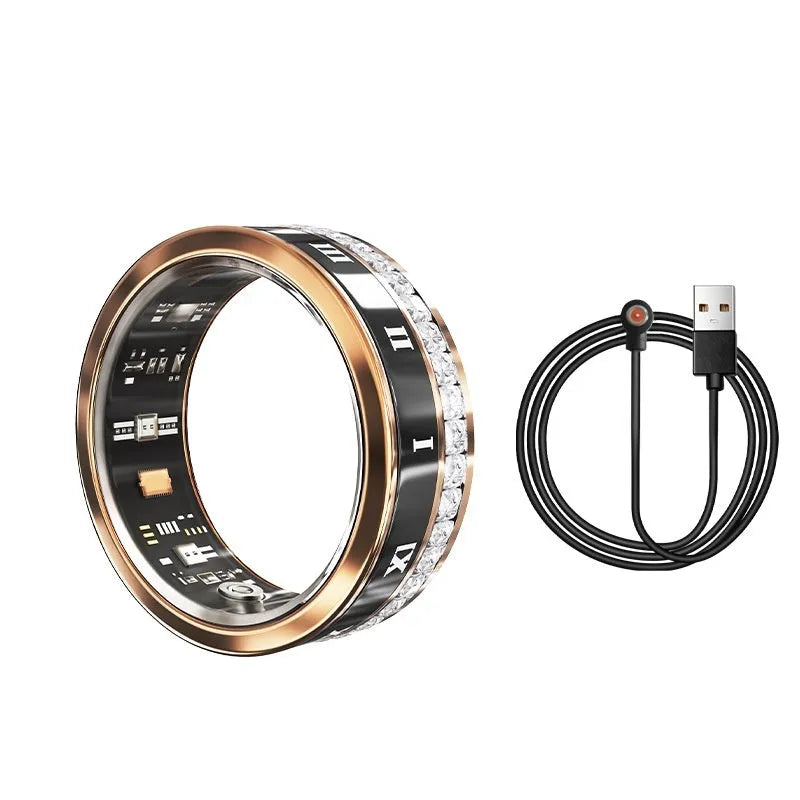 Gold and silver diamond inlaid smart ring for health and blood oxygen tracking on a finger.