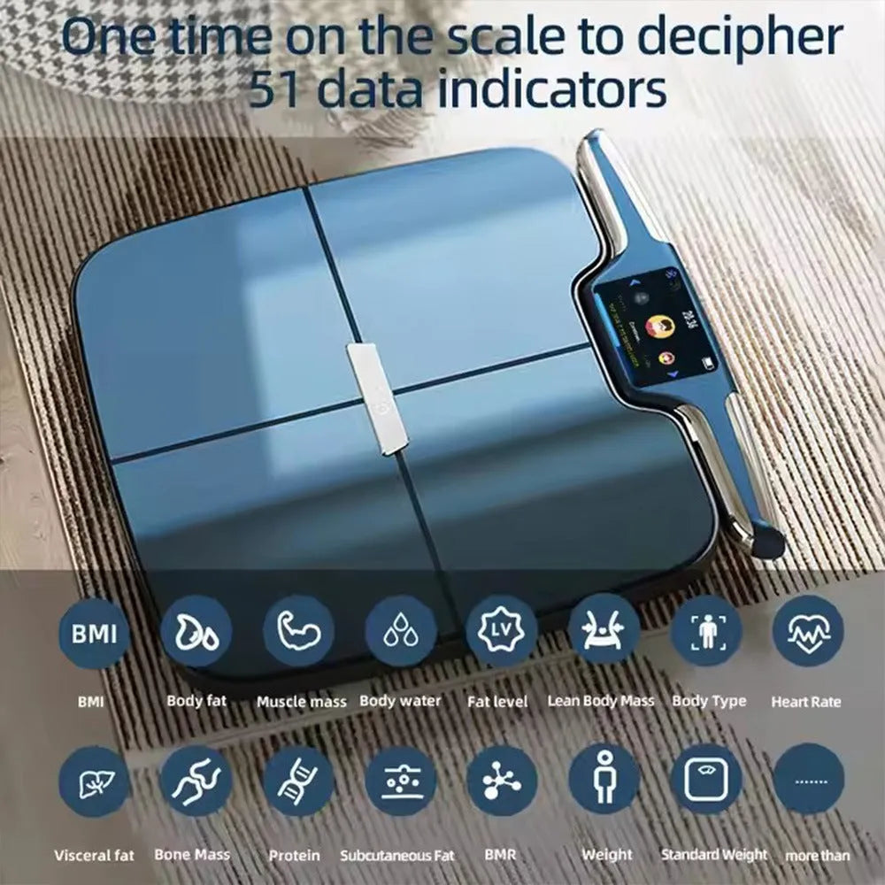 Black eight-electrode intelligent body fat weighing scale on a bathroom floor.