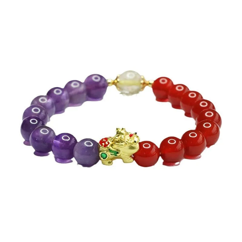 Chinese style women's bracelet with natural amethyst crystals and red agate stones, 8mm bead diameter