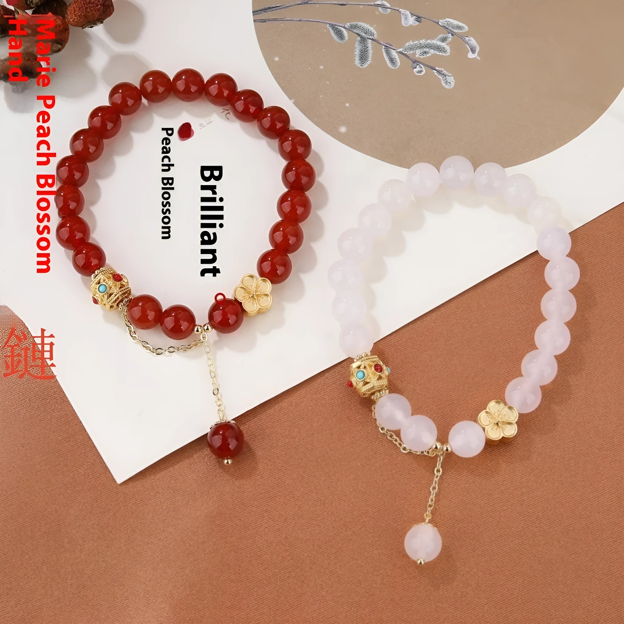 Handmade natural agate bracelet with peach blossom copper parts, 8mm bead size, red and white colour options