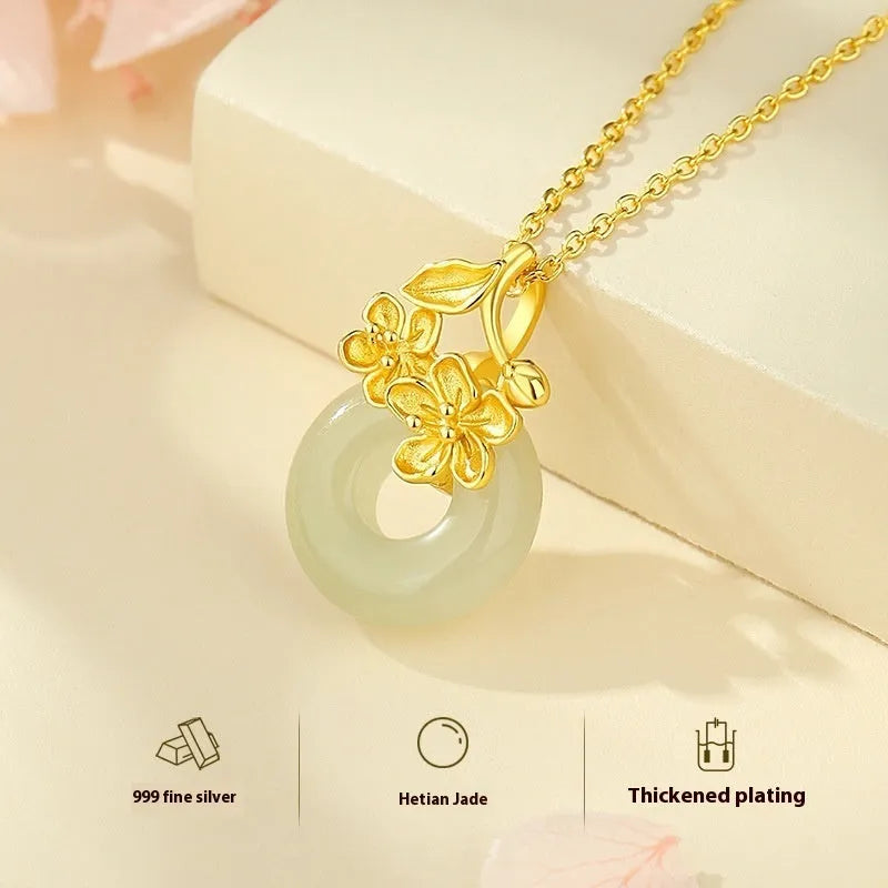 Silver necklace with Hetian jade safety buckle pendant on cross chain, adjustable 41-50cm