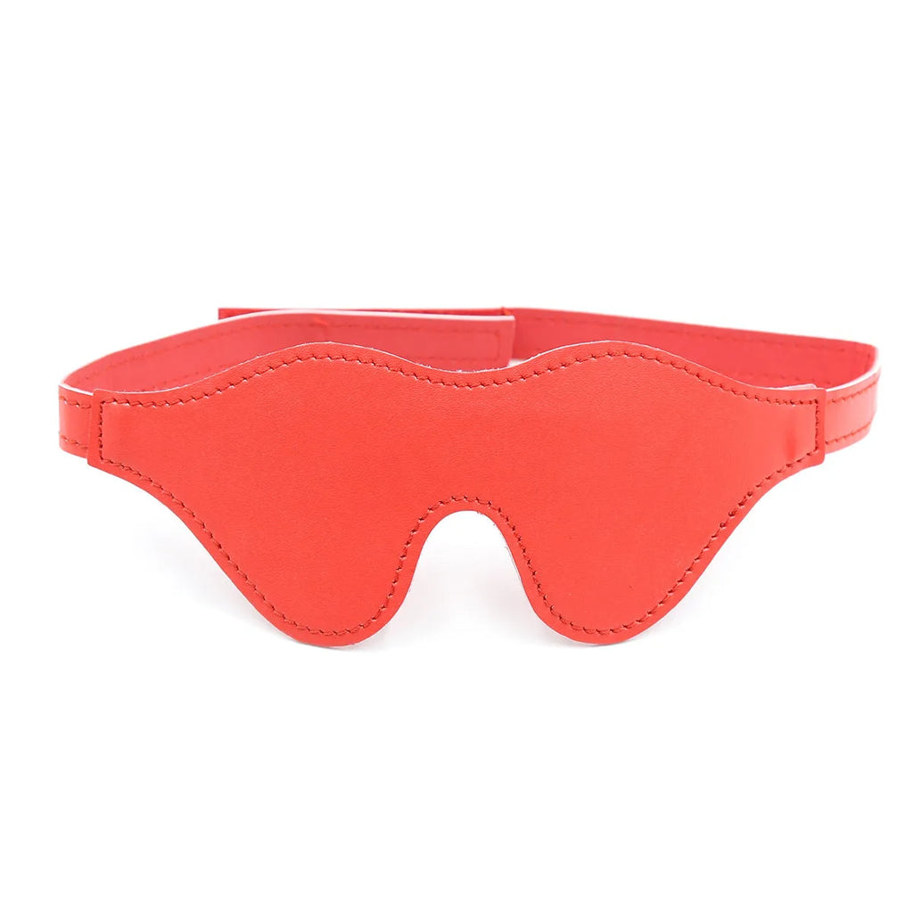 Women's black leather velcro eye mask blindfold showing three-dimensional shape and metal hardware.