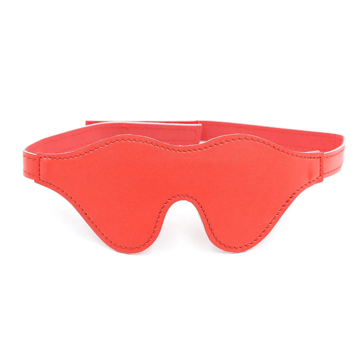Women's black leather velcro eye mask blindfold showing three-dimensional shape and metal hardware.