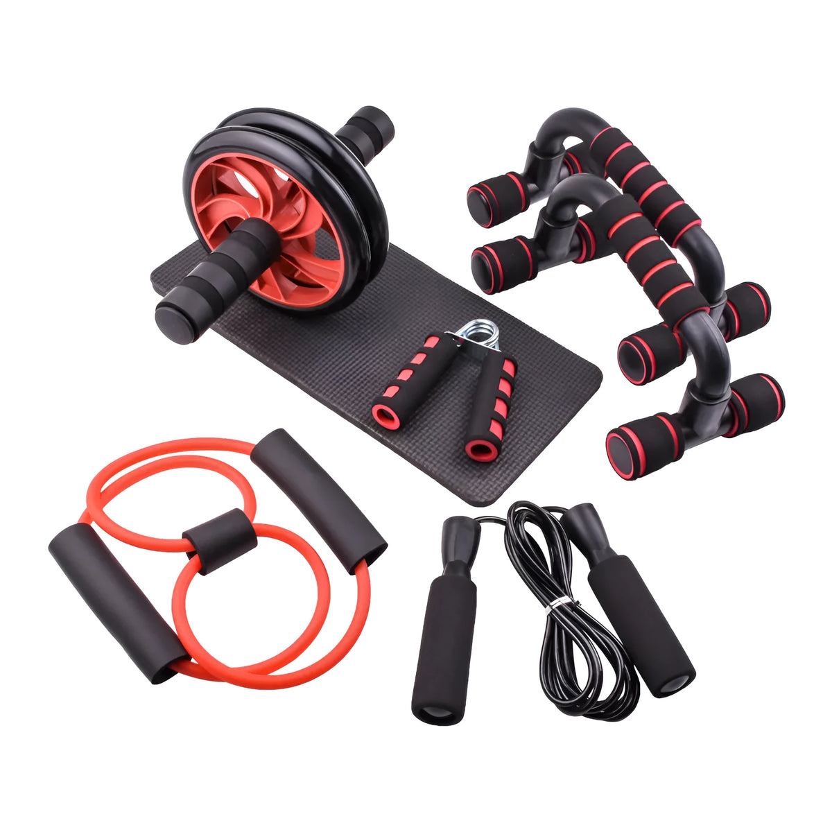 Set of seven abdominal wheels with dual handles in red, green, black, and blue colours for home fitness training.